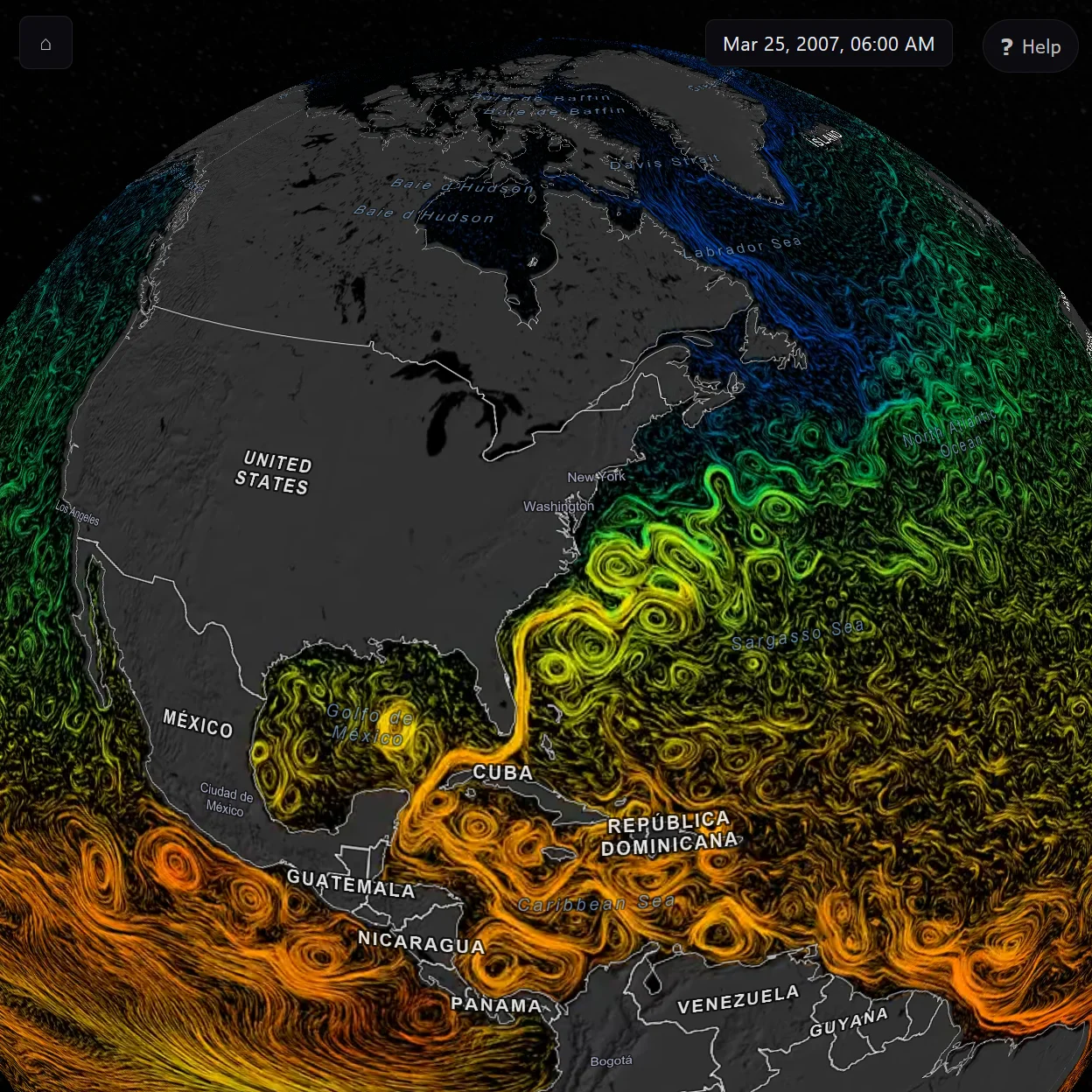 TerraViz globe with a dataset loaded — Earth-specific decoration hidden so the data reads uniformly across the sphere