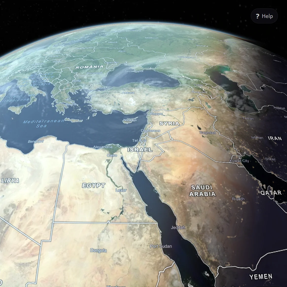 TerraViz photoreal globe — day-night terminator across the disc, city lights along the night side, clouds, and specular sun glint over the ocean