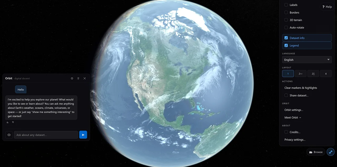 TerraViz running in English — the photoreal globe with English-language chrome, tools menu, and dataset panel