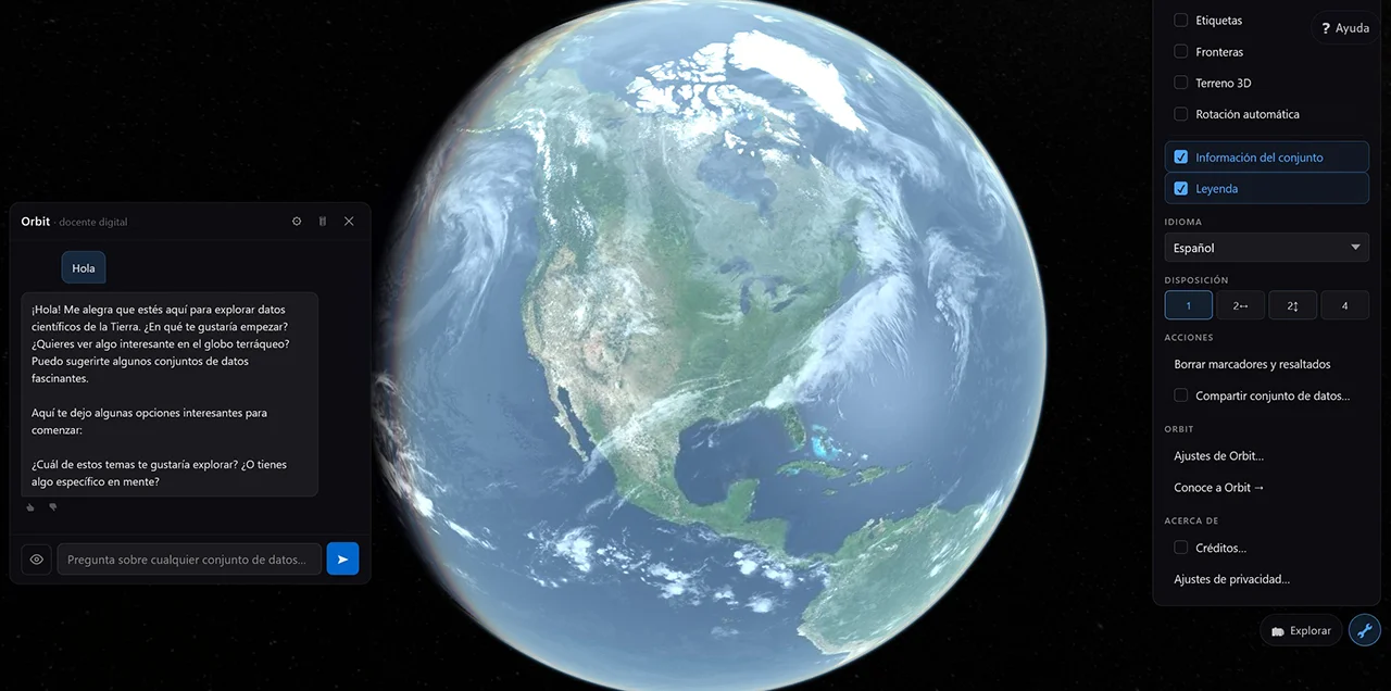 TerraViz running in Spanish — the same layout as the English screenshot, with every interface string translated